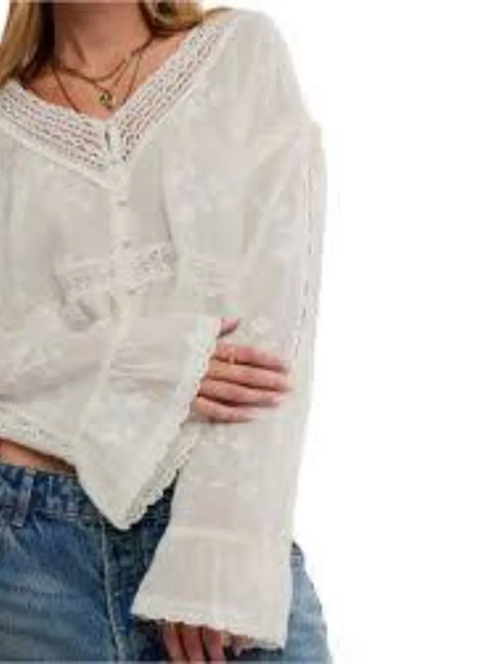 Free People Sweet Love Blouse Crochet-Trim Embroidered Peasant Blouse Size XL